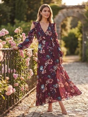 NICHOLAS Burgundy Floral 100% Silk Long Sleeve Cold Shoulder Maxi Dress size XS